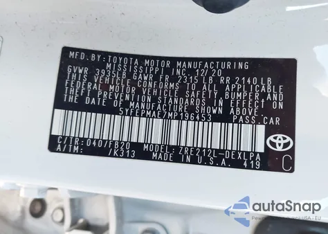 2021 Toyota Corolla Le z USA, uszkodzony, nr VIN 5YFEPMAE7MP196453